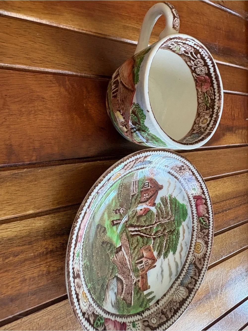 Vtg Rural England Scene Cup Saucer W. R. Midwinter Ltd. England w Gold Stand